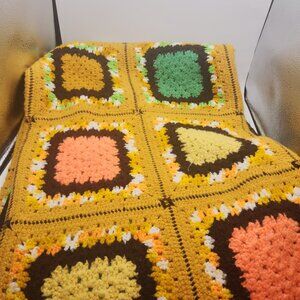 Vintage Throw Afghan in Brown Orange and Yellow Green Granny Square Crochet